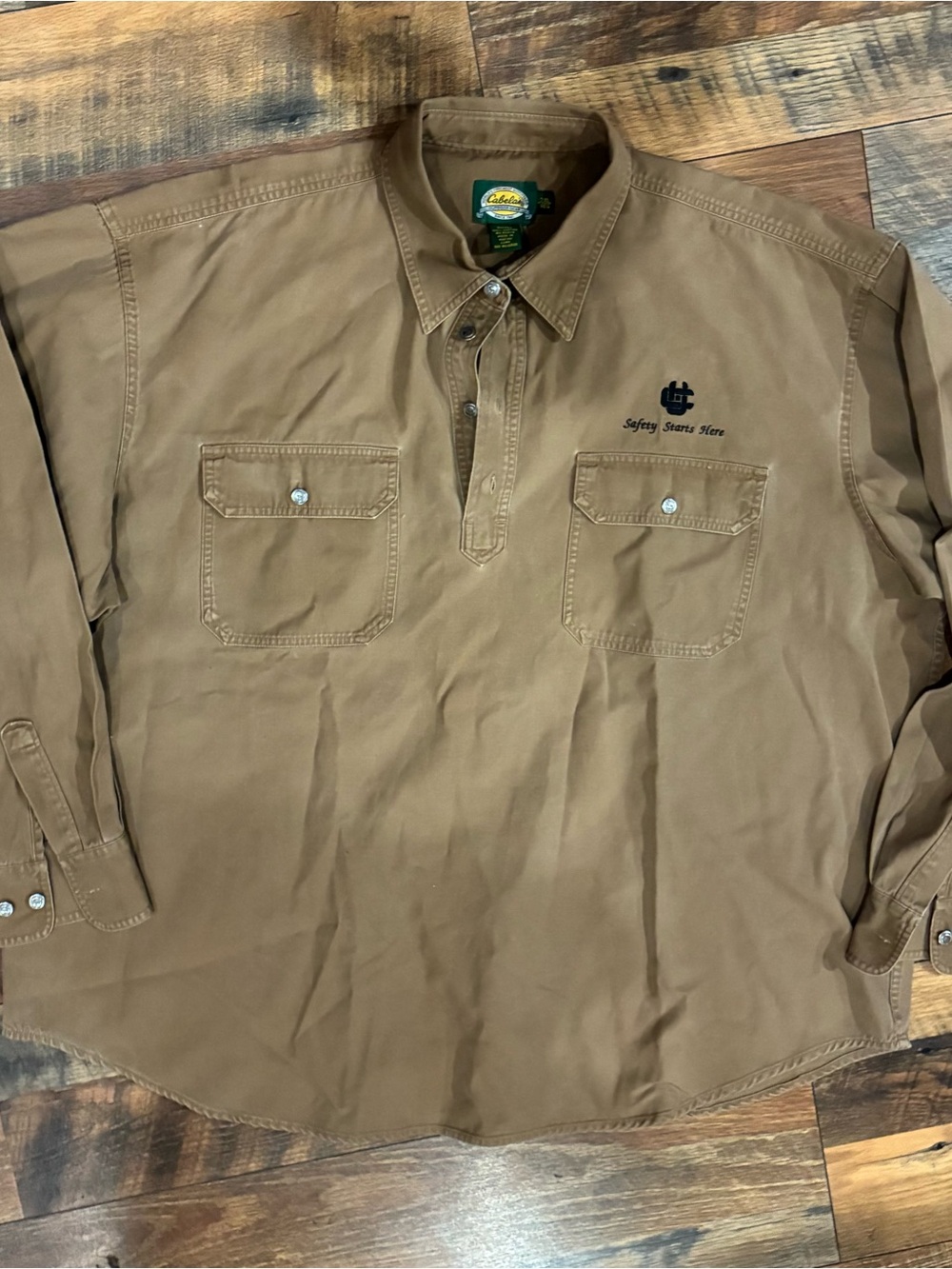 Cabelas 1/4 Button Canvas Collared Shirt Men Size 2XL Brown Long Sleeve Logo